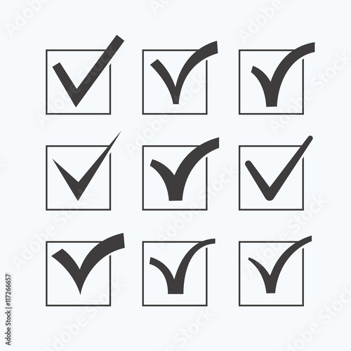 Tick mark or right sign. Vector icons collection set. Isolated on white background, eps 8.
