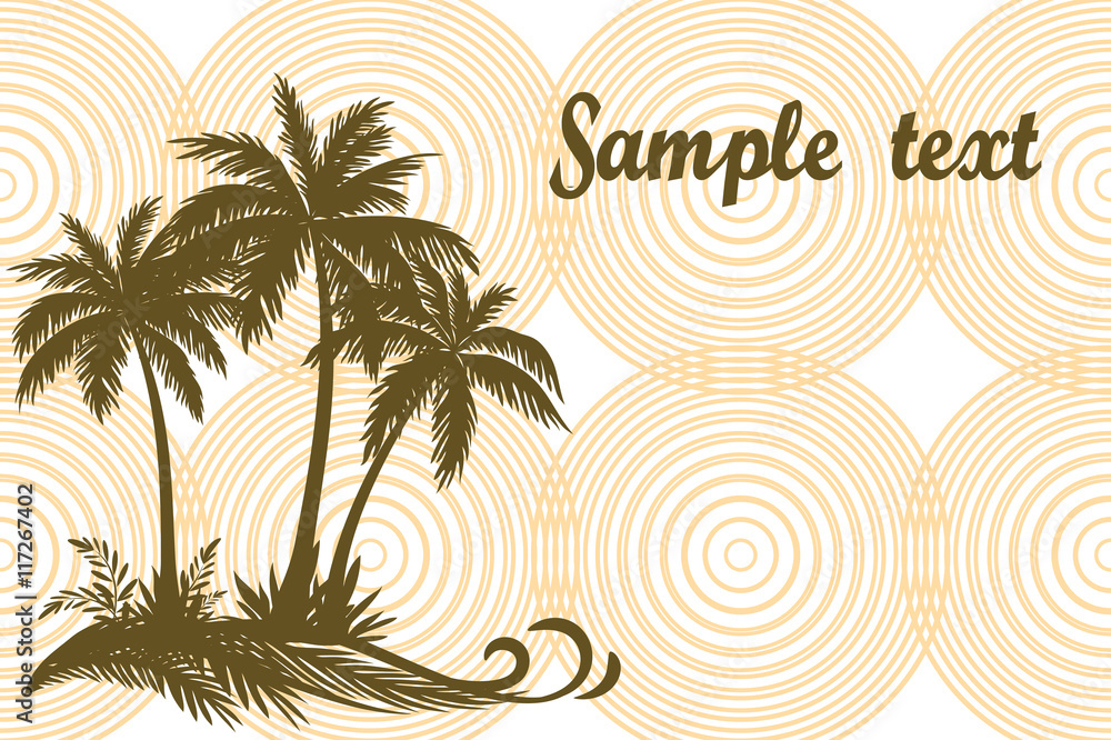 Tropical Landscape, Palms Trees and Grass Brown Silhouettes on Background with Rings. Vector