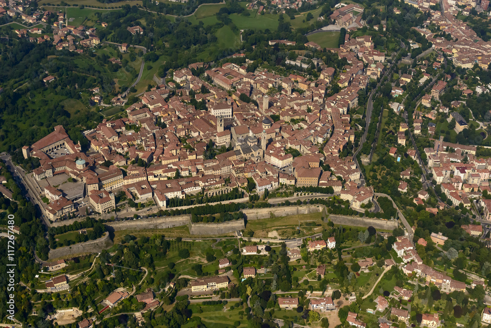 aerial of Bergamo high town, Italy