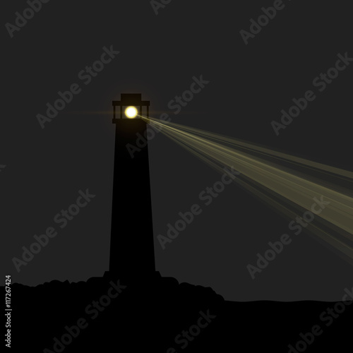 Lighthouse silhouette at night. Vector illustration, eps 10.