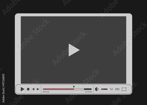 Video player for web with gray screen. Isolated on black background. Vector illustration, eps 8.
