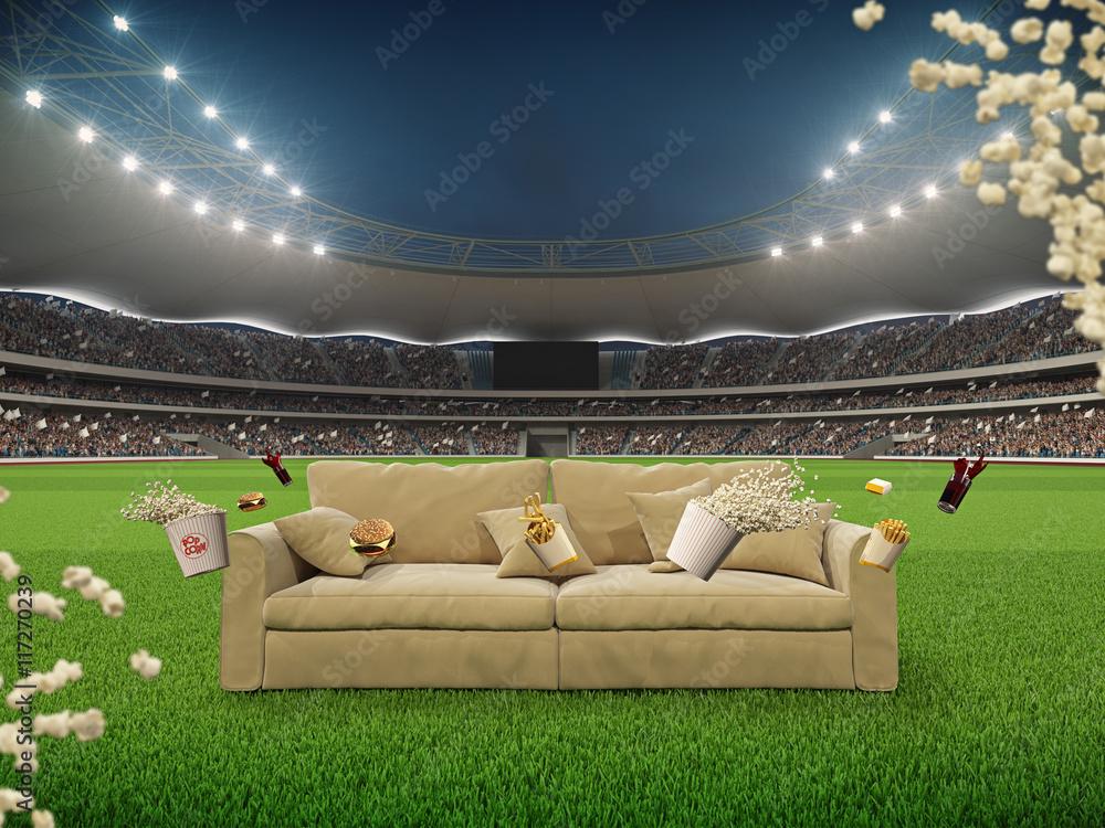 Naklejka premium stadium with a sofa in the middle and flying fastfood. 3d rendering