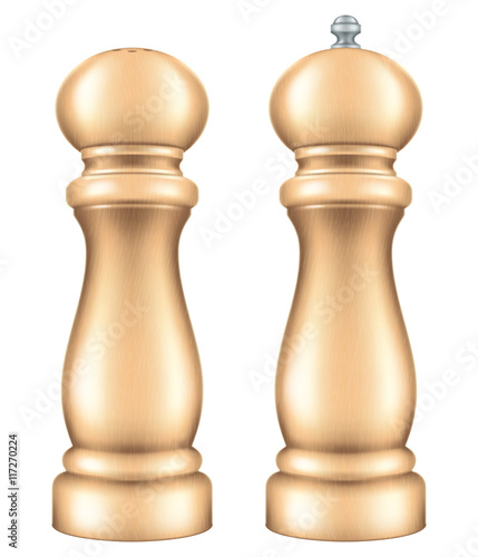 White wood salt and pepper mill set. Vector illustration.