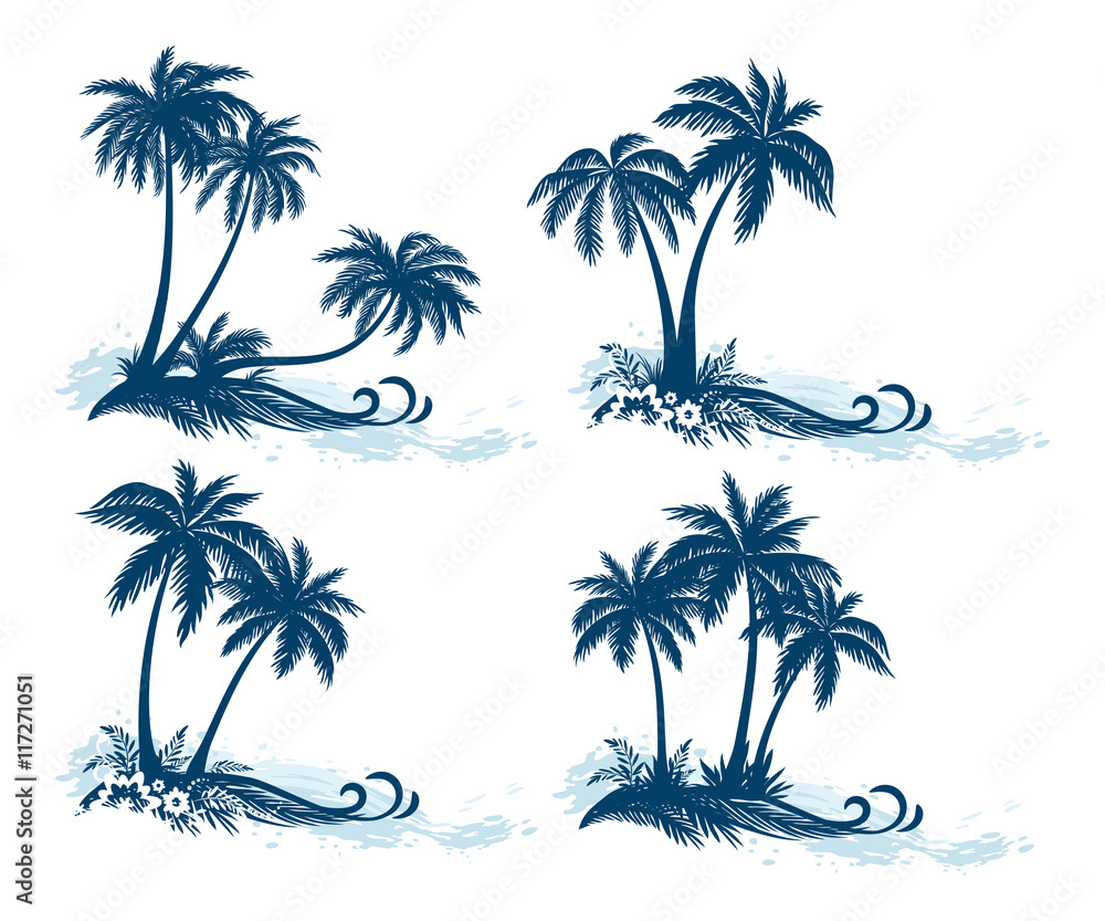 Set Tropical Landscapes, Palm Trees, Flowers and Grass Silhouettes and Sea Waves, Isolated on White Background. Vector