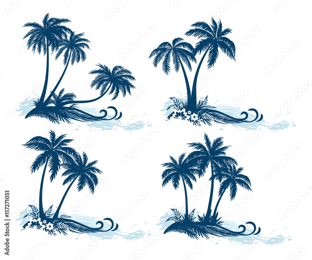 Obraz premium Set Tropical Landscapes, Palm Trees, Flowers and Grass Silhouettes and Sea Waves, Isolated on White Background. Vector