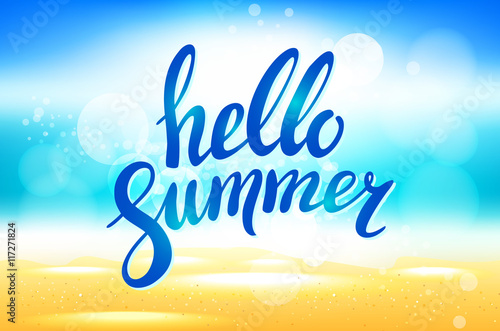 Vector hello summer background. Hello summer vector illustration on blurred background with sun rays. Hello summer lettering. Hello summer - stock vector.