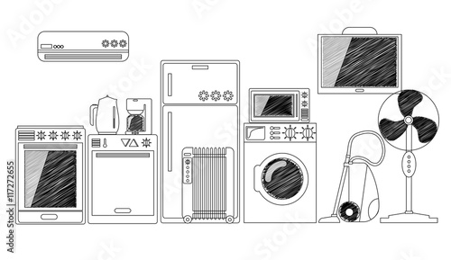 Electric House Appliances, Monochrome Outlined Vector Illustration.
