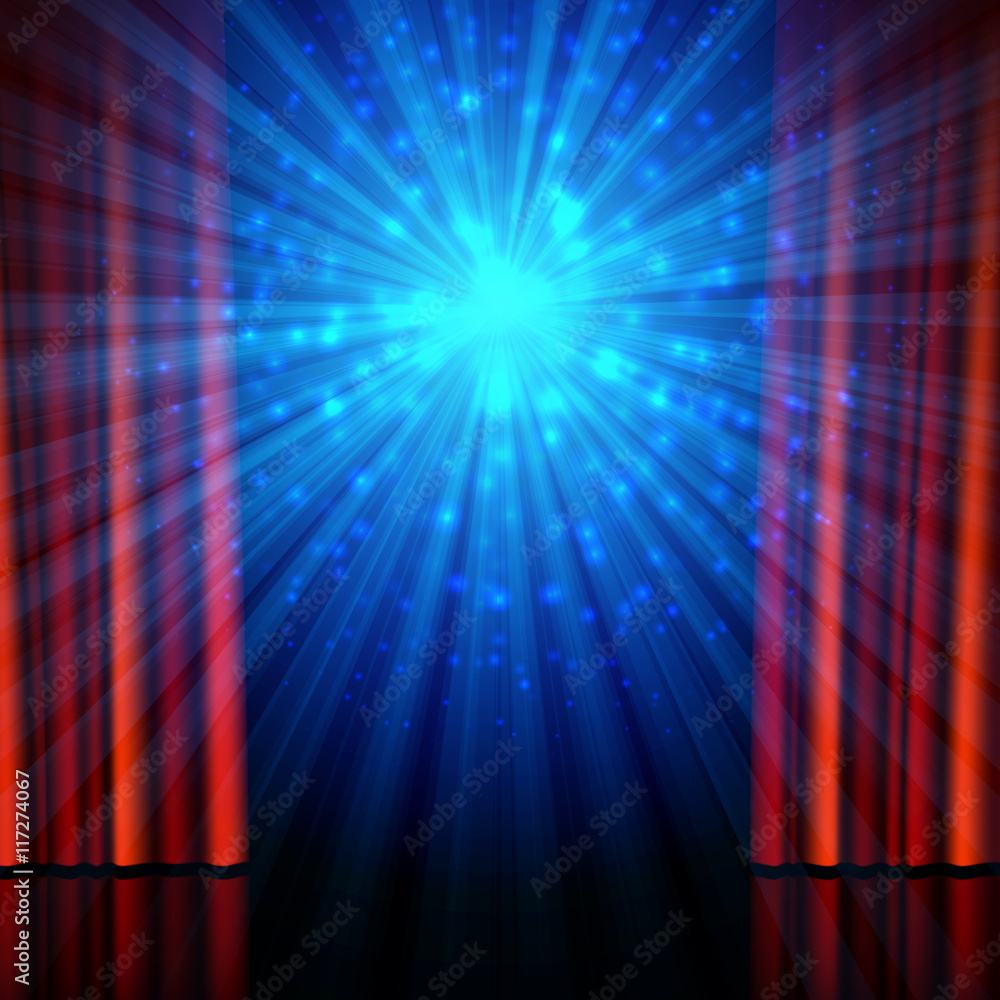 Stage, spotlights and red open curtains. Theatrical, festival, cinema,  stand-up comedy or another show poster design background Stock Vector |  Adobe Stock