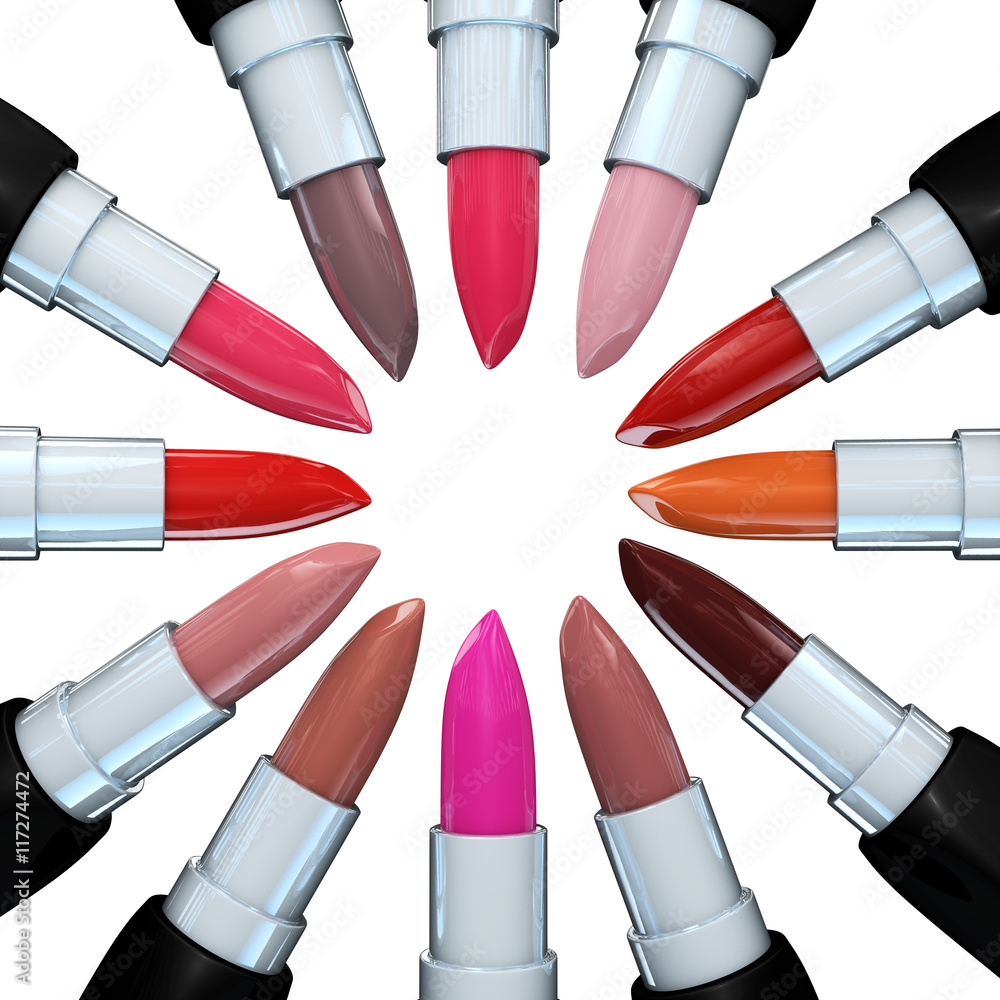 Set of lipsticks in a circle isolated on white. 3d illustration of lipstick, square Set of lipsticks in a circle isolated on white. 3d illustration of lipstick, square