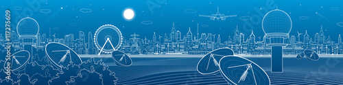 Radars in the woods, communication and technology illustration, weather station, night skyline, neon city, urban scene, vector design art