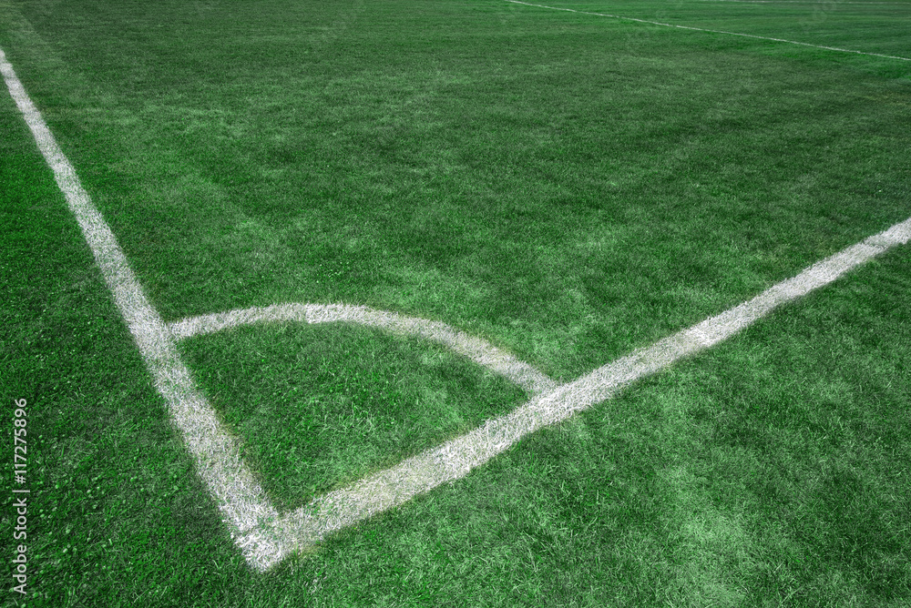 Football soccer field corner with white marks, green grass texture.