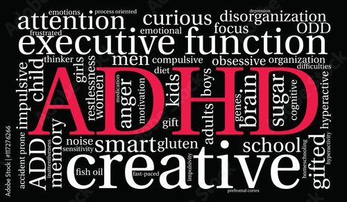 ADHD Word Cloud on a black background. 