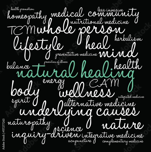 Natural Healing Word Cloud on a black background. 