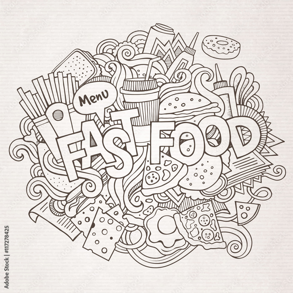 Fast food hand lettering and doodles elements