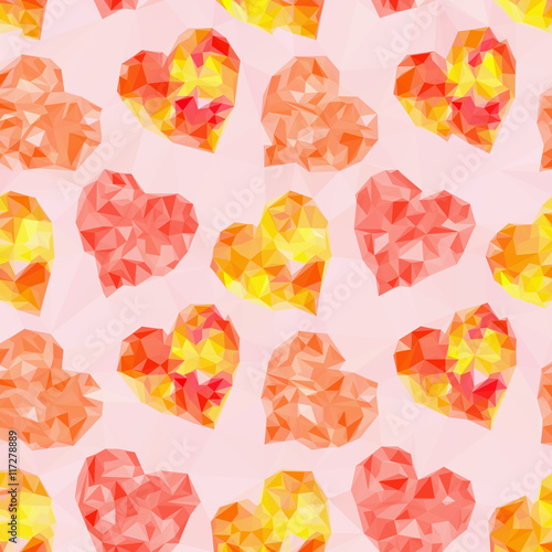 Valentine Holiday Background with Color Hearts, Low Poly Abstract Pattern, Colorful Polygonal Background. Vector