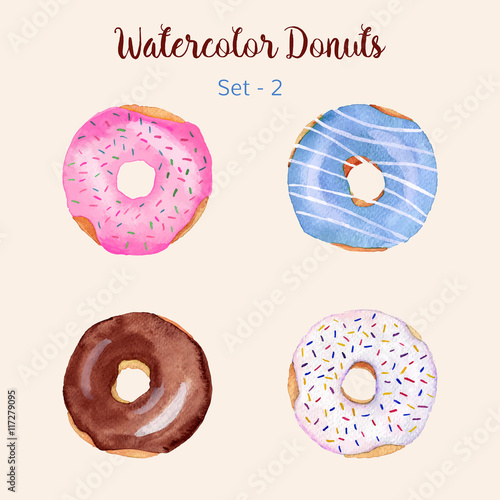 Watercolor donut set isolated on a light background. Hand painted donuts. Isolated sweet sugar icing donuts. Glazed donuts collection. Donut icons collection. Donuts with glaze and sprinkles. Vector.