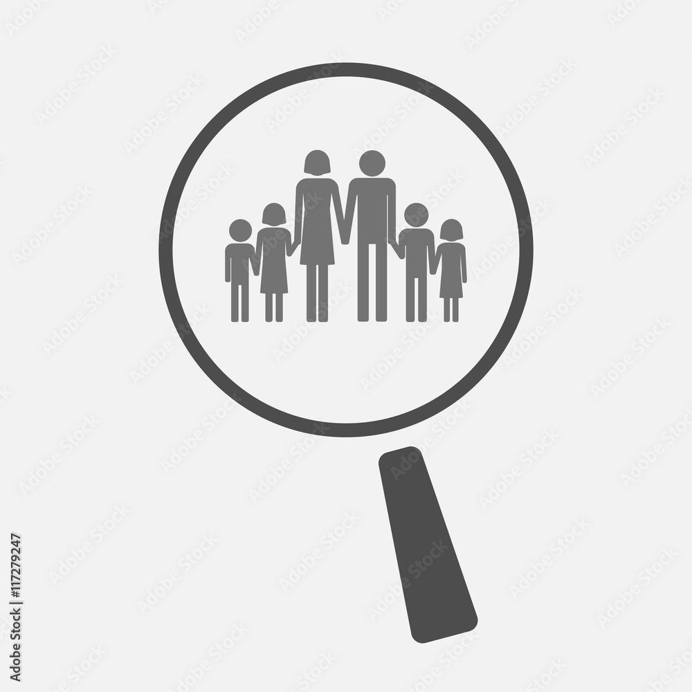 Isolated magnifier icon with a large family pictogram Isolated magnifier icon with a large family pictogram