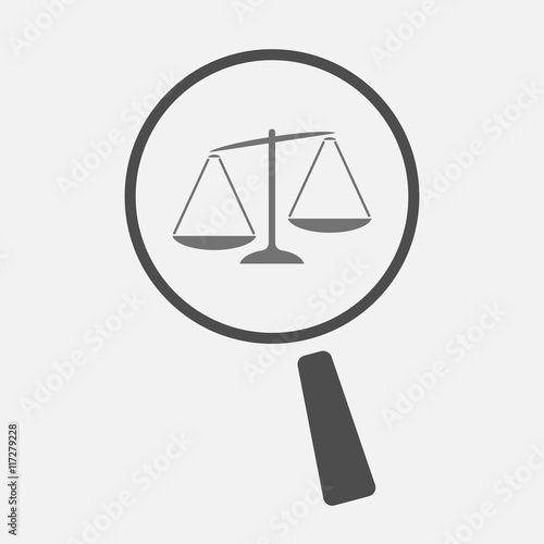 Isolated magnifier icon with  an unbalanced weight scale