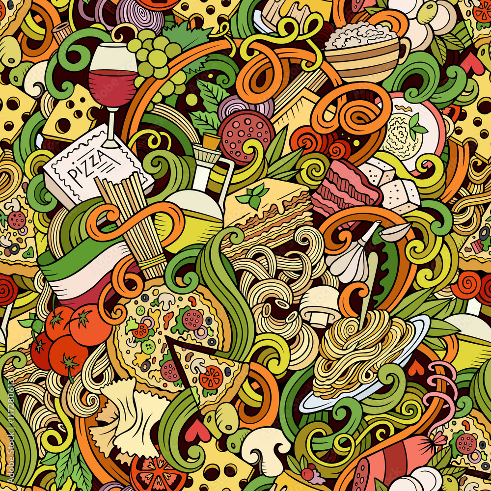 Cartoon hand-drawn doodles of italian cuisine seamless pattern