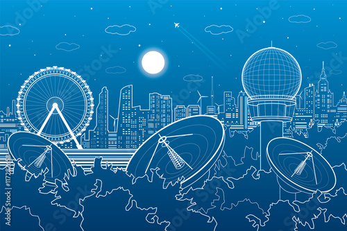 Radars in the woods, ferris wheel, communication technology, weather station, night skyline, neon city, urban scene, vector design art
