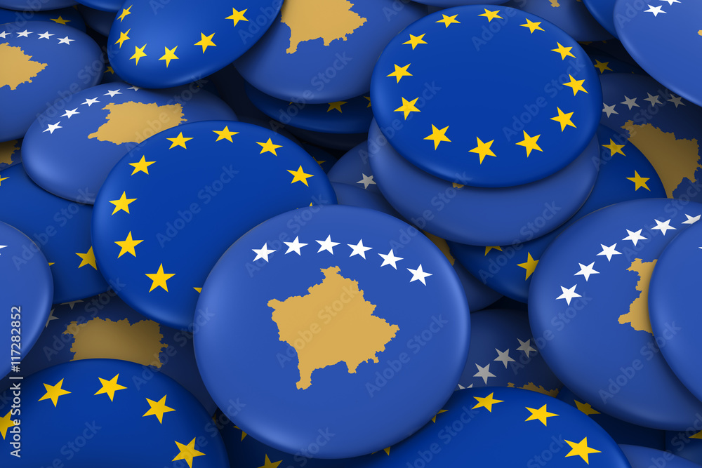 Φωτογραφία Kosovo and Europe Badges Background - Pile of Kosovan and European Flag Buttons