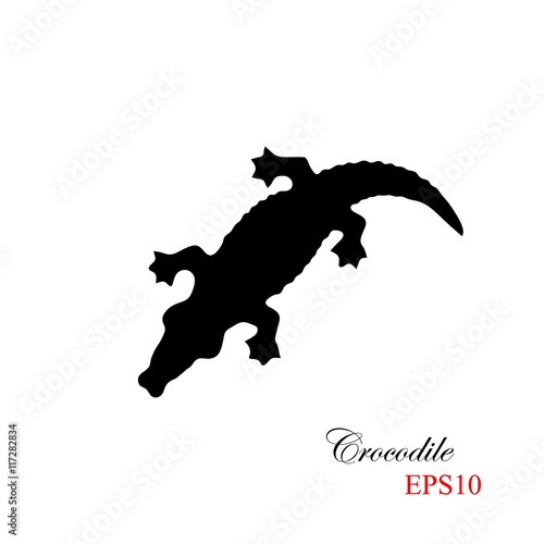 The black silhouette of a krocodile on a white background. Element for design