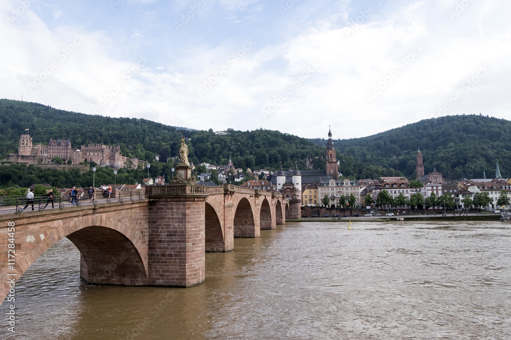 The Karl Theodor Bridge at Heidelberg, Germany with background of town and Heidelberg Castle.