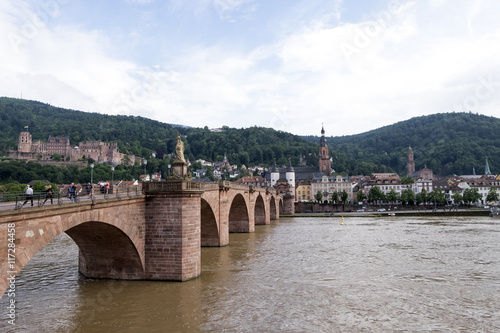 The Karl Theodor Bridge at Heidelberg, Germany with background of town and Heidelberg Castle.
