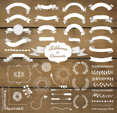 Vector White Hand Drawn Design Elements and Ribbon Set
