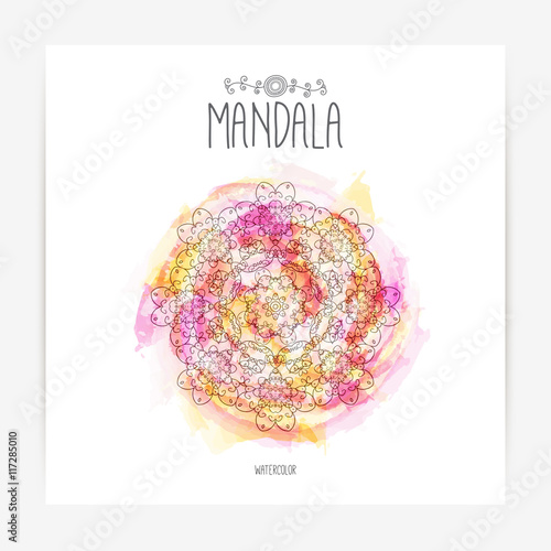 Hand-drawn round, circle pattern with owls on the watercolor background. Lace ornament. Greeting, invitation card. Meditation mandala. Summer pattern. Abstract Doodles. Vector illustration.