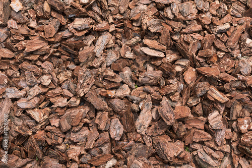 Natural bark used as a soil covering the garden. Background and