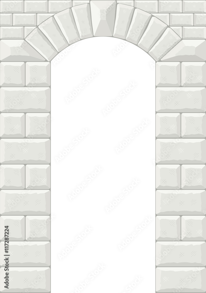 Naklejka premium Arch in the wall of white cut stone and travertine marble for a window or door in the classic style