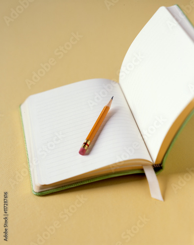 Pencil on open lined paper notebook