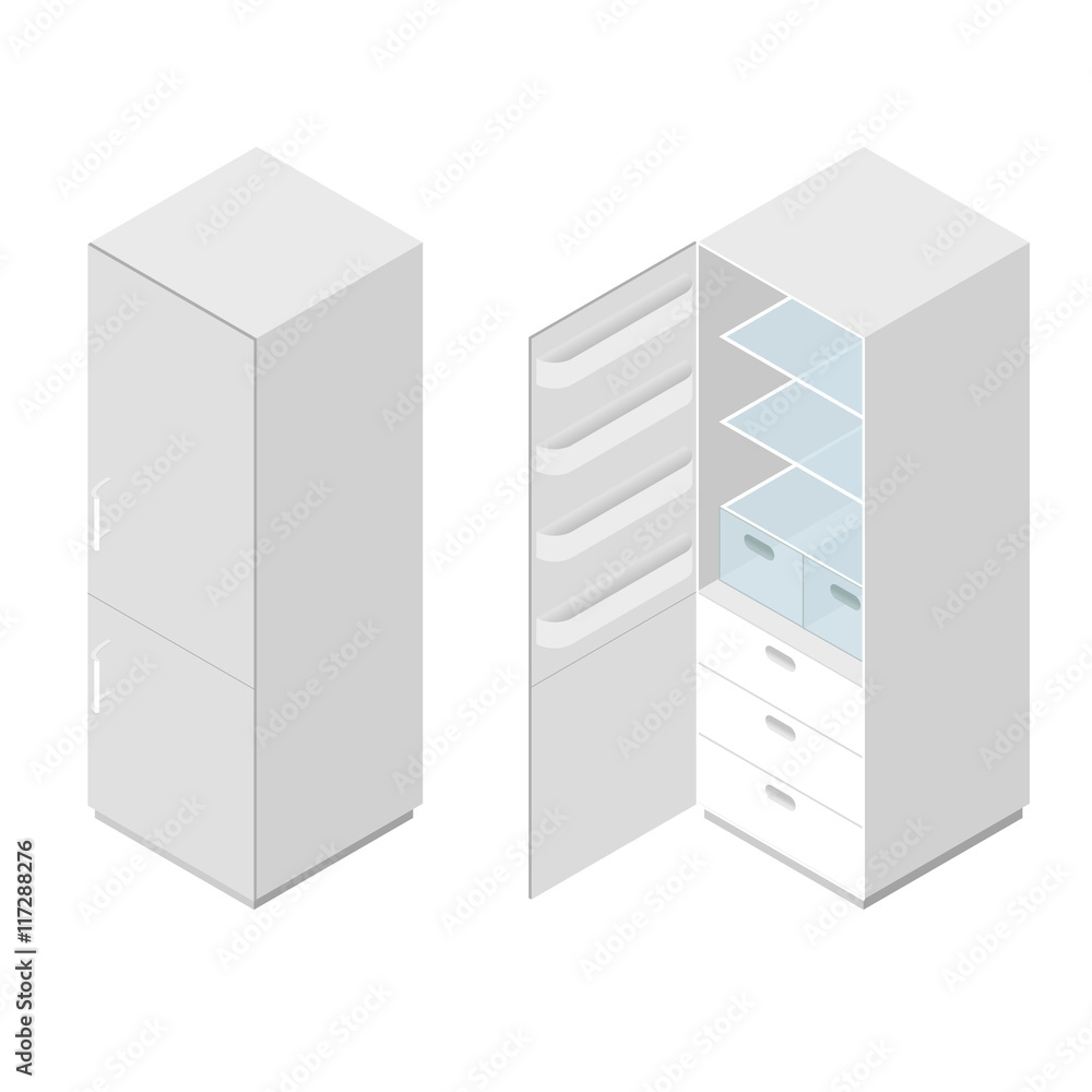 Classic white home fridge. Flat isometric. Classic white home fridge. Flat isometric.