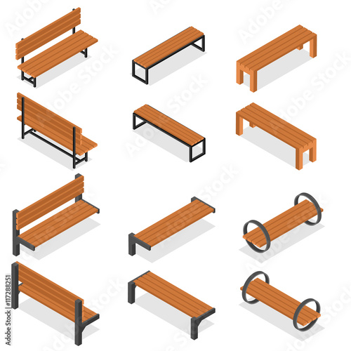 Wallpaper Mural Set of wooden benches for the Park. Isometric style.