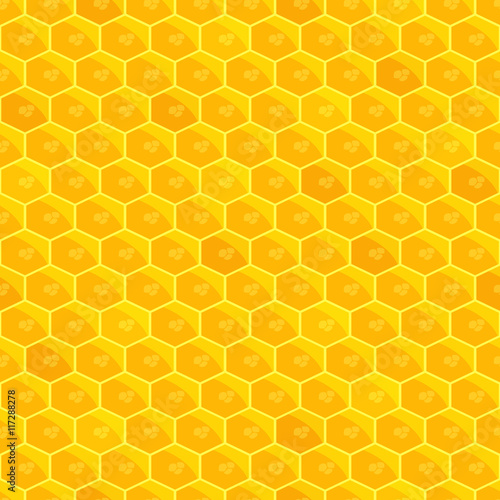 Honeycomb seamless pattern. Bright Golden sun background.