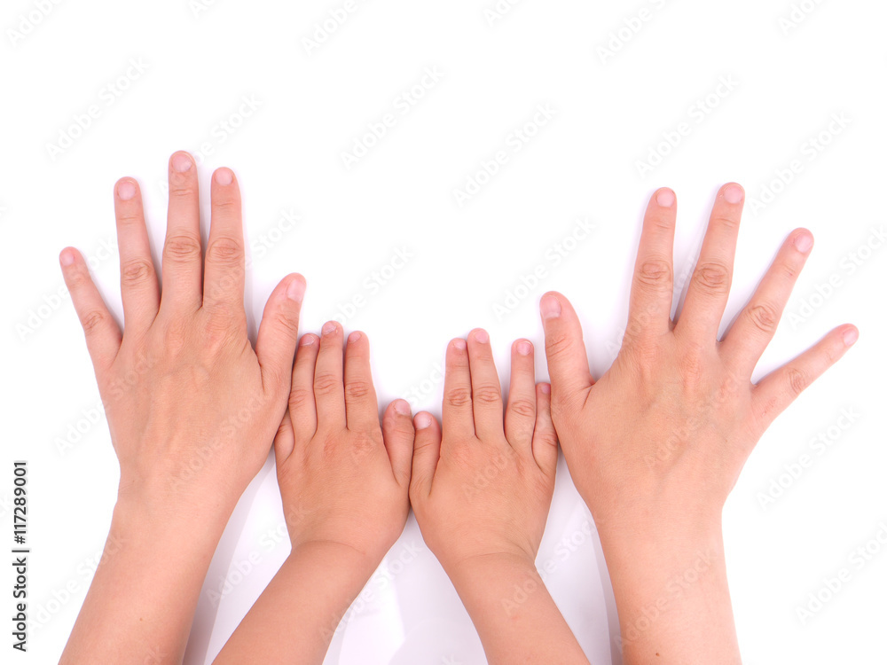 hands child and mother on a white background hands child and mother on a white background