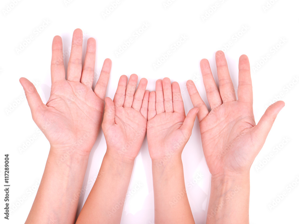 hands child and mother on a white background hands child and mother on a white background