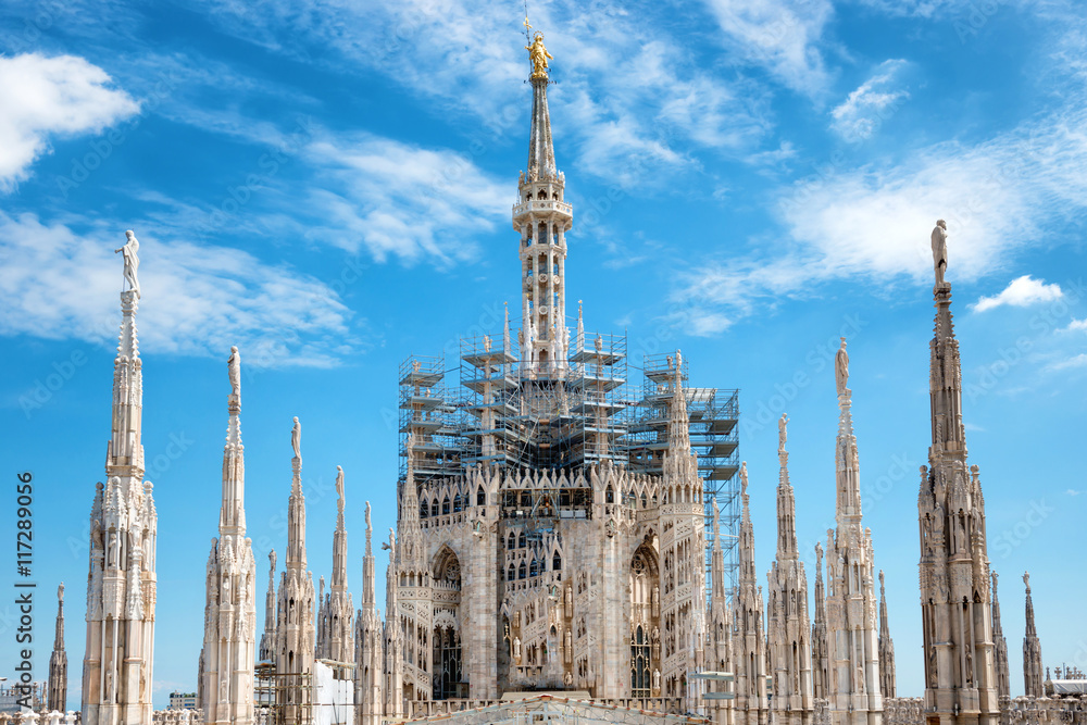 Statues on the roof of famous Milan Cathedral Duomo
