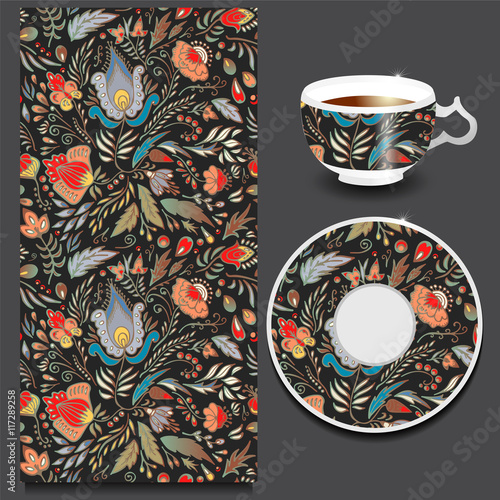 stock vector cup of coffee and seamless floral oriental ornament