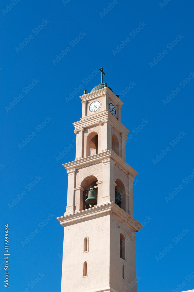Israele, la città vecchia di Giaffa: vista del campanile della Chiesa di San Pietro il 31 agosto 2015 