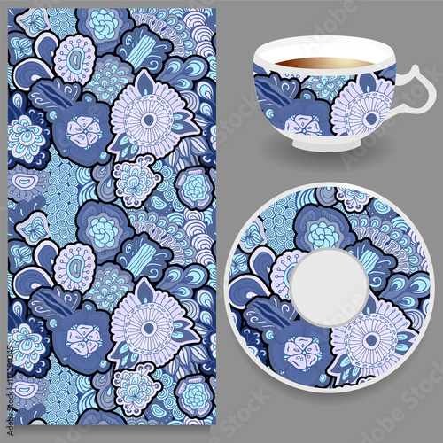 stock vector cup of coffee and seamless floral oriental ornament
