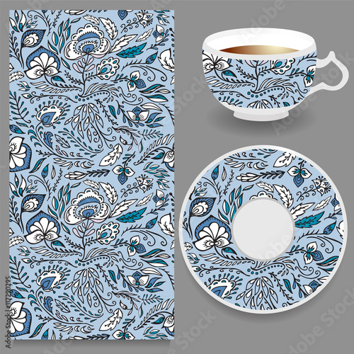 stock vector cup of coffee and seamless floral oriental ornament
