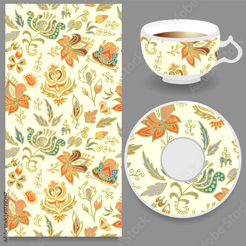 stock vector cup of coffee and seamless floral oriental ornament