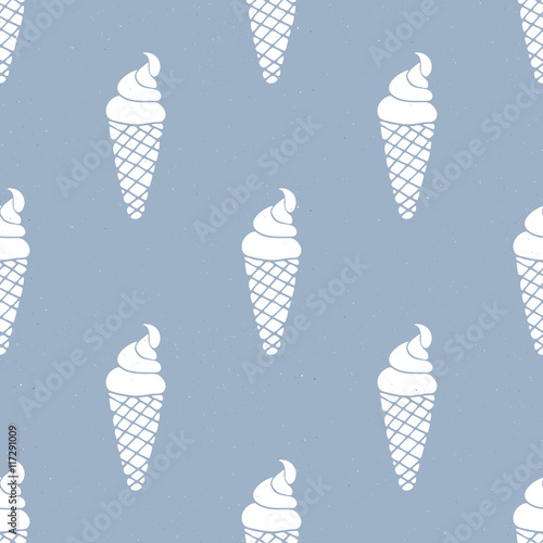 Ice cream cones seamless pattern. Vector hand drawn blue background. Textile pattern