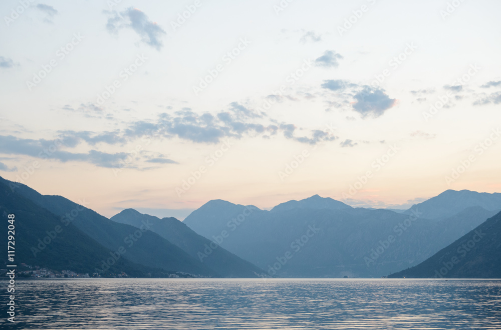 Bay of Kotor in Evening. Panorama of Boka-Kotorska bay, Montenegro.