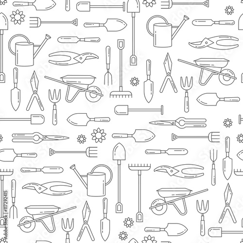 Vector seamless pattern with garden tools. Web site background with gardening tools icon.