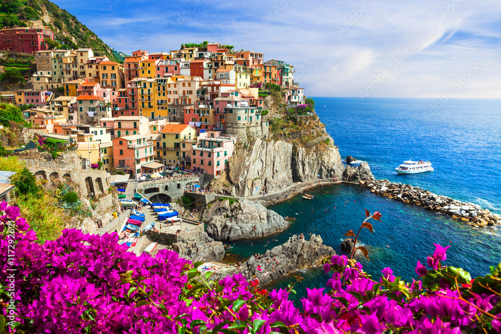 Italy travel and landmarks  -Manarola village , Cinque terre National park with beautiful fishing colorful villages