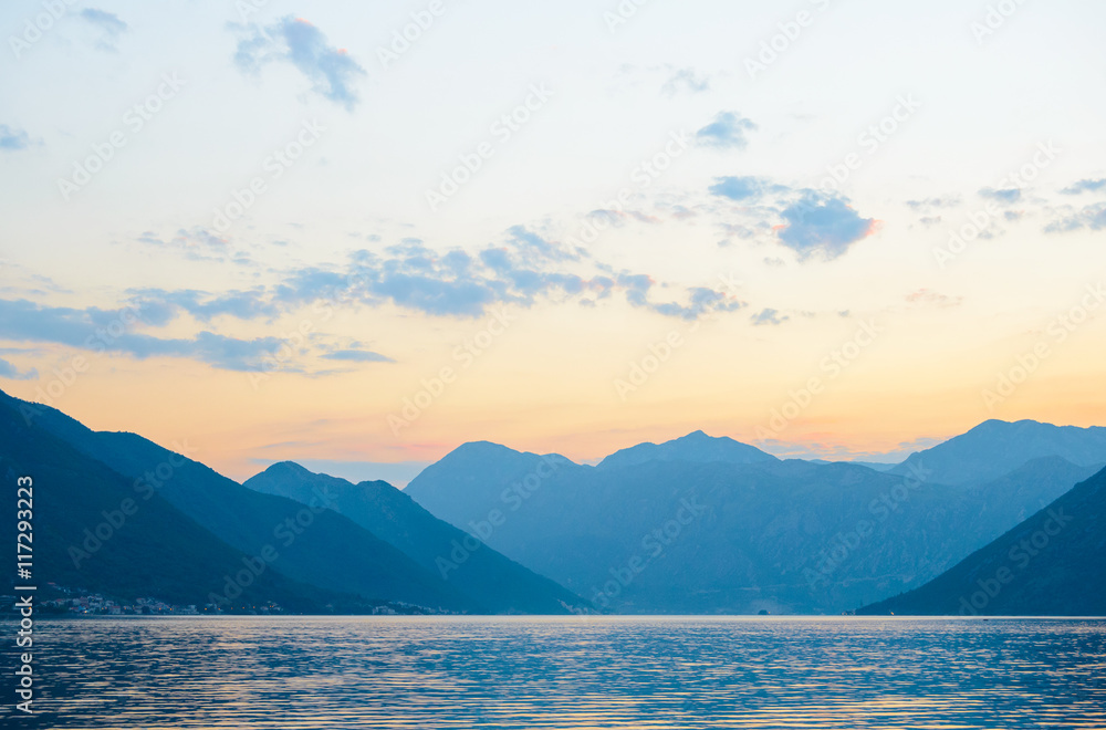 Bay of Kotor in Evening. Panorama of Boka-Kotorska bay, Montenegro. Bay of Kotor in Evening. Panorama of Boka-Kotorska bay, Montenegro.