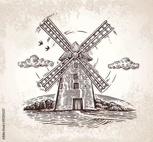 Windmill in rural landscape, drawn by hand, in a graphic style.